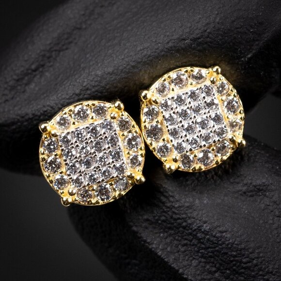 Men's Round Micro Pave Set Yellow Gold Sterling Silver Stud Screw Back Earrings - Picture 1 of 5